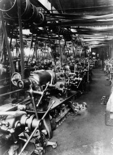 Interior of the Norton factory, showing the production line, 1929
