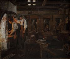 Interior of the old workshop at Hellebæk, 1859. Creator: Constantin Hansen