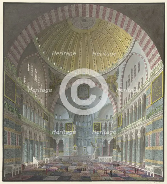 Interior of the Aya Sophia with kneeling and standing Turks, 1821-1847. Creator: Prosper Georges Antoine Marilhat.