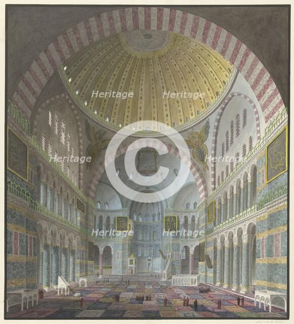Interior of the Aya Sophia with kneeling and standing Turks, 1821-1847. Creator: Prosper Georges Antoine Marilhat.