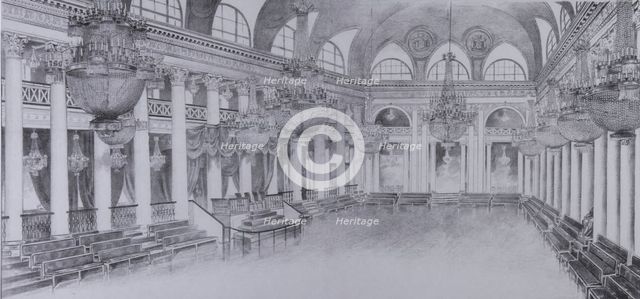 Interior of the Ballroom of the Assembly of the Nobility in Moscow, 1840s.