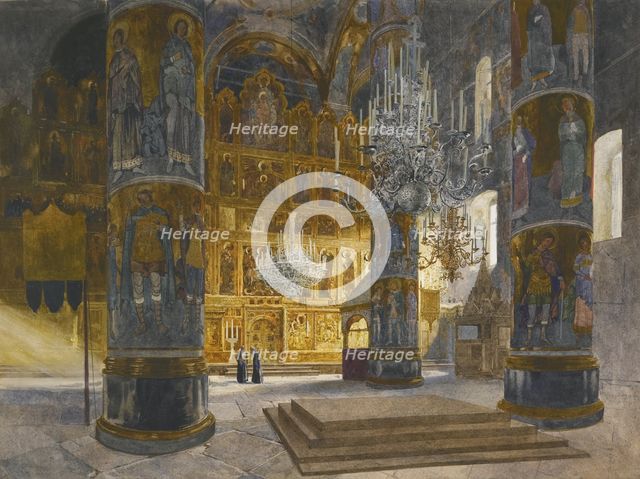 Interior of the Cathedral of the Dormition in the Moscow Kremlin, 1898. Artist: Kopallik, Franz (1860-1931)