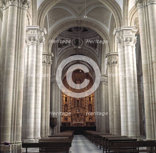 Interior of the Cathedral of Baeza, view of the main nave and altar.