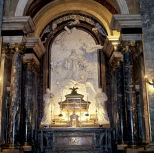 Interior of the chapel of San Pedro de Alcantara, altar with the urn which hold the remains of th…