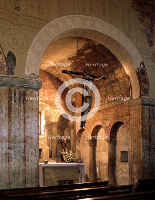 Interior of the Church of San Julián or Santullano de los Prados with painting remains, founded b…