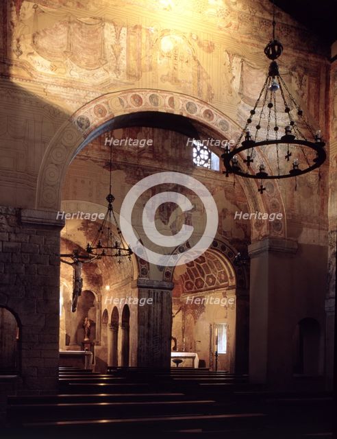 Interior of the Church of San Julián or Santullano de los Prados with painting remains, founded b…