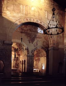 Interior of the Church of San Julián or Santullano de los Prados with painting remains, founded b…
