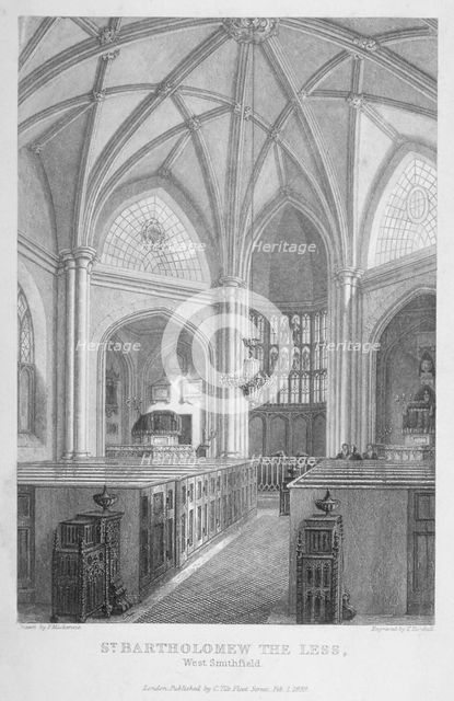 Interior of the Church of St Bartholomew-the-Less, City of London, 1839. Artist: T Turnbull