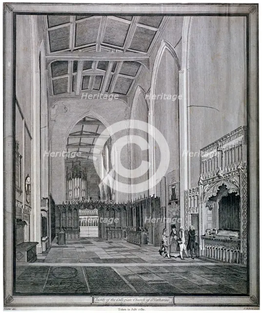 Interior of the Church of St Katherine by the Tower, Stepney, London, 1780. Artist: J Roberts