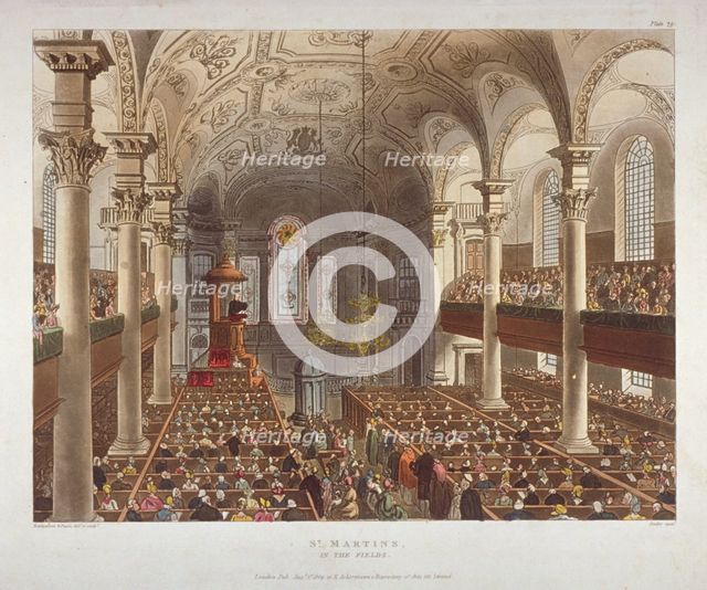 Interior of the Church of St Martin-in-the-Fields, Westminster, London, 1809. Artist: Augustus Charles Pugin