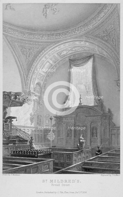 Interior of the Church of St Mildred, Bread Street, City of London, 1838. Artist: John Le Keux