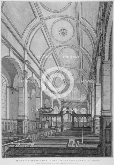 Interior of the Church of St Peter upon Cornhill looking east, City of London, 1825. Artist: Thomas Dale