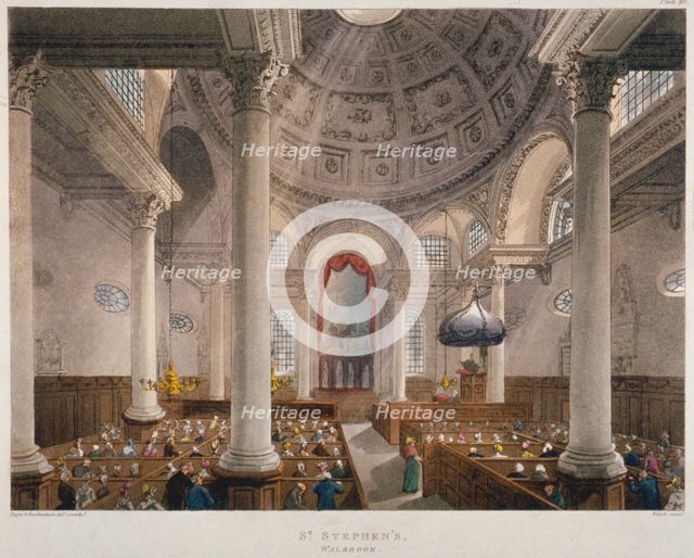Interior of the Church of St Stephen Walbrook during a service, City of London, 1809. Artist: Augustus Charles Pugin