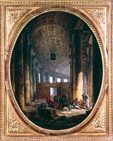 Interior of the colonnade of St Peter's, Rome, at the time of the Conclave of 1769 Artist: Hubert Robert