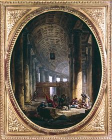 Interior of the colonnade of St Peter's, Rome, at the time of the Conclave of 1769 Artist: Hubert Robert
