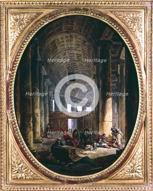 'Interior of the colonnade of St Peter's, Rome, at the time of the Conclave of 1769'. Artist: Hubert Robert