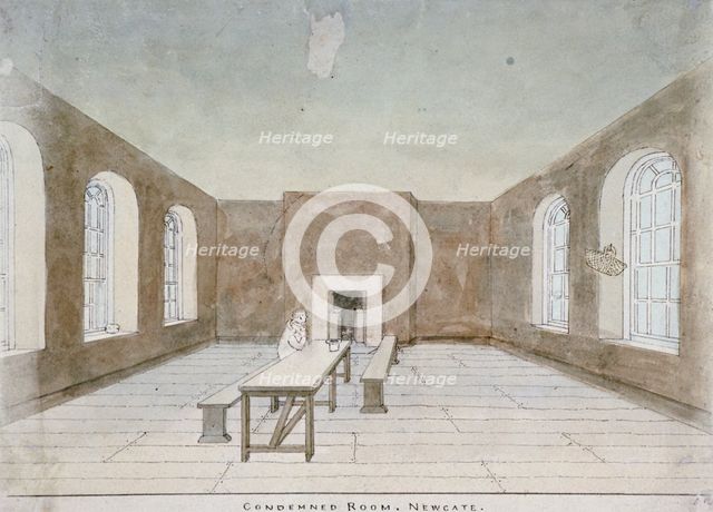 Interior of the condemned room in Newgate Prison, Old Bailey, City of London, 1810. Artist: Valentine Davis