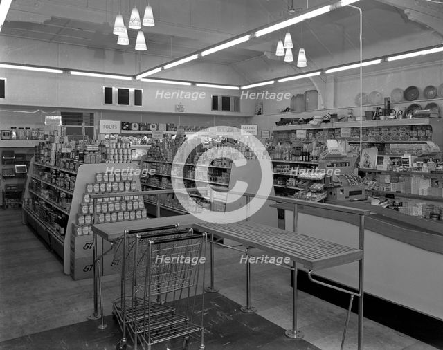 Interior of the Dodworth Road Co-op, Barnsley, South Yorkshire, 1957. Creator: Michael Walters.