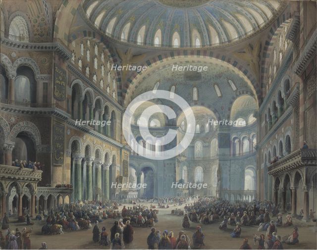 Interior of the Hagia Sophia in Constantinople. Artist: Bossoli, Carlo (1815-1884)