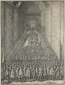 Interior of the House of Lords in session, Palace of Westminster, London, c1650. Artist: Wenceslaus Hollar