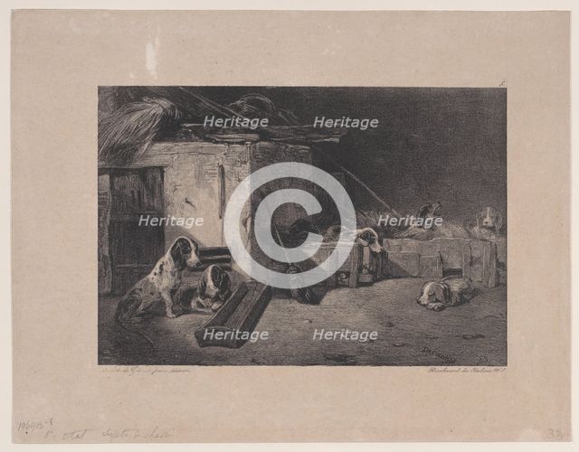 Interior of the Kennel, from the series Hunting Scenes, 1829. Creator: Alexandre Gabriel Decamps.