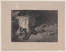 Interior of the Kennel, from the series Hunting Scenes, 1829. Creator: Alexandre Gabriel Decamps