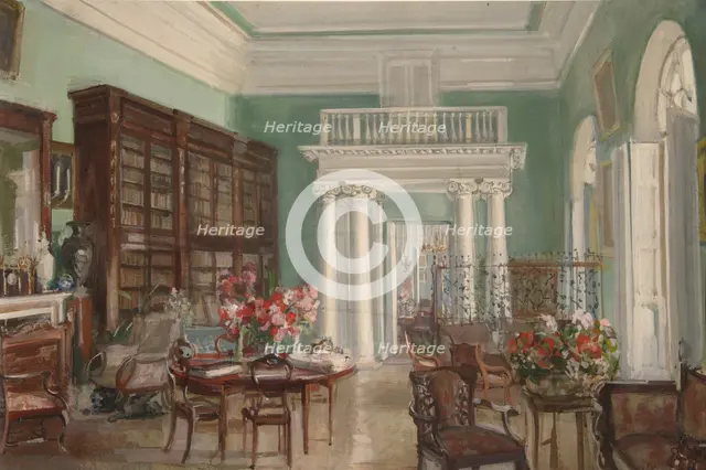 Interior of the Library in the Golitsyn' Nikolo-Uryupino Estate, 1910. Artist: Sredin, Alexander Valentinovich (1872-1934)