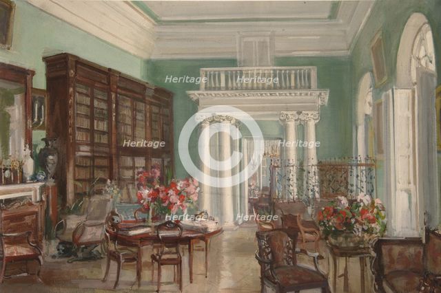 Interior of the Library in the Golitsyn' Nikolo-Uryupino Estate, 1910. Artist: Sredin, Alexander Valentinovich (1872-1934)