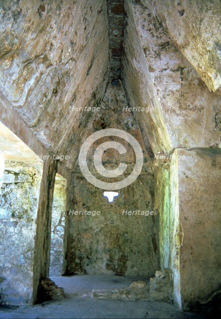 Interior of the portico of the Temple of the Sun in the Mayan ruins of Palenque.