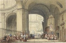 Interior of the S. Roche in Paris, with a procession in the foreground, 1848. Creator: Eugene Louis Lami