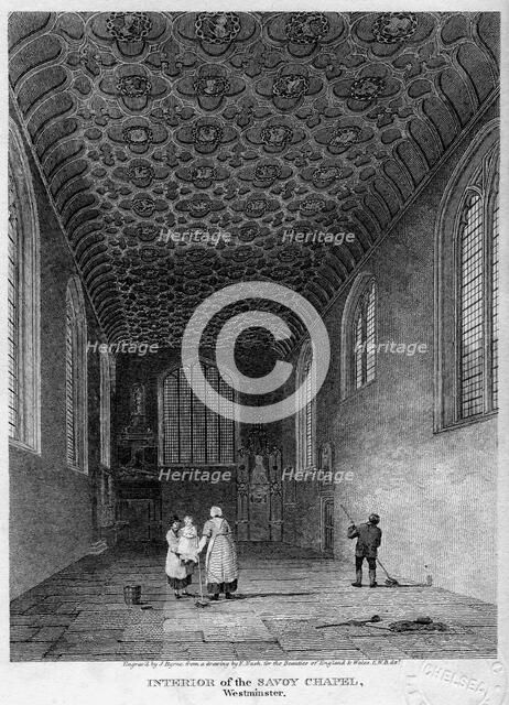 Interior of the Savoy Chapel, Westminster, London, 1809.Artist: J Byrne
