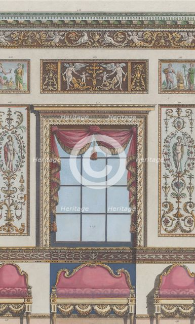 Interior Ornamented Wall with Window and Furniture, nos. 411-424..., February 15, 1792. Creator: Michelangelo Pergolesi.
