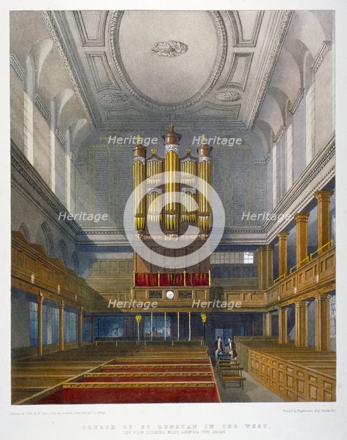 Interior, looking west, Church of St Dunstan in the West, Fleet Street, City of London, 1829. Artist: W Ganci