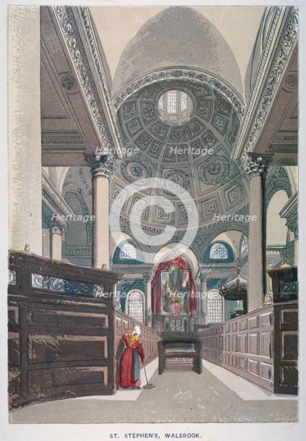 Interior looking east, Church of St Stephen Walbrook, City of London, 1845. Artist: Anon
