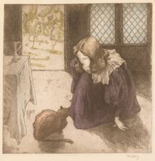 Interior, Little Girl with Cat (La Petite fille au chat), 1897. Creator: Alfredo Müller (Italian, 1869-1940)