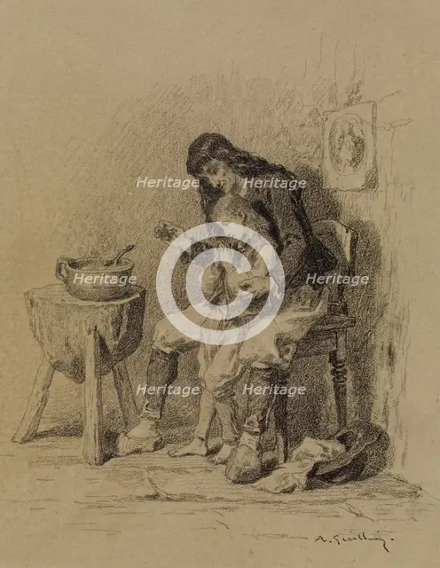 Interior, Man Teaching Boy to Pray, c1840. Creator: Alexandre-Marie Guillemin.