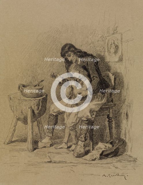 Interior, Man Teaching Boy to Pray, c1840. Creator: Alexandre-Marie Guillemin.