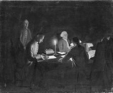 Interior med en regnskabsforer og nogle skrivere ved stearinlys, 1750-1755. Creator: Johan Horner