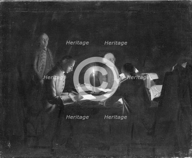 Interior med en regnskabsforer og nogle skrivere ved stearinlys, 1750-1755. Creator: Johan Horner.