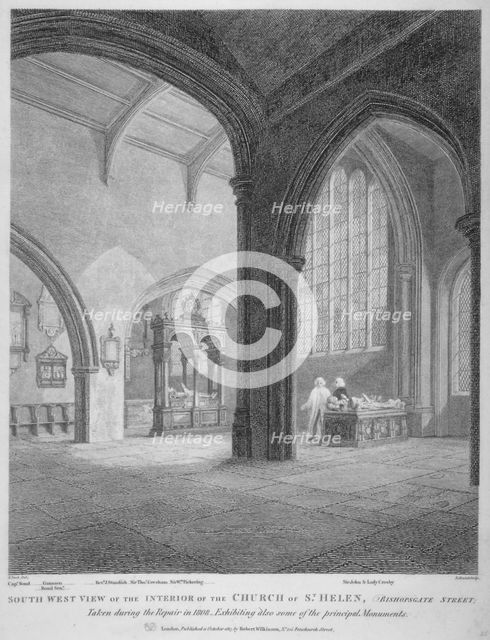Interior south-west view of the Church of St Helen, Bishopsgate, City of London, 1817. Artist: Bartholomew Howlett