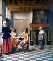 Interior, Woman drinking with Two Men, and a Maidservant c1658 Artist: Pieter de Hooch