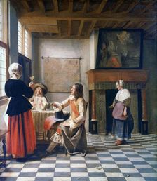 Interior, Woman drinking with Two Men, and a Maidservant c1658 Artist: Pieter de Hooch