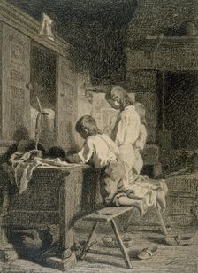 Interior with Three Boys Kneeling, c1850. Creator: Pierre Edouard Frere