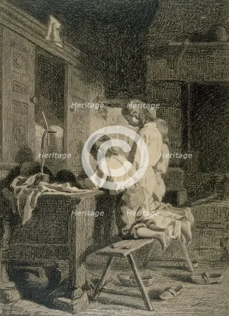 Interior with Three Boys Kneeling, c1850. Creator: Pierre Edouard Frere.