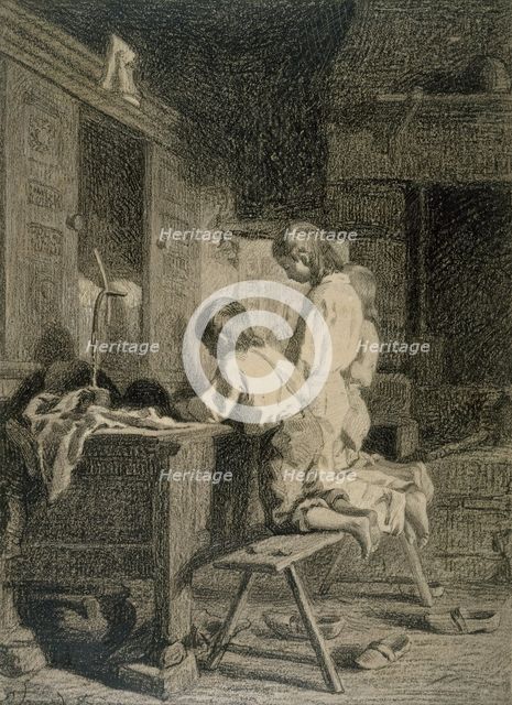 Interior with Three Boys Kneeling, c1850. Creator: Pierre Edouard Frere.