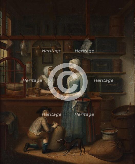 Interior with three figures and a dog. Creator: Cattel, Pieter (1712-1759).