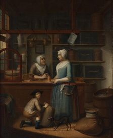 Interior with three figures and a dog. Creator: Cattel, Pieter (1712-1759)