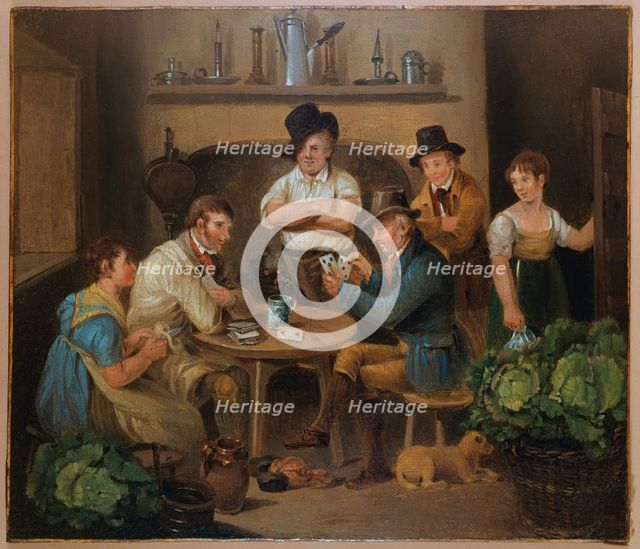 Interior with two men playing cards and four other figures. Creator: Stephen Jenner.