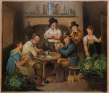 Interior with two men playing cards and four other figures. Creator: Stephen Jenner