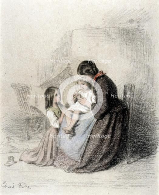 Interior with Woman Teaching Child to Pray, 1819-1886. Creator: Pierre Edouard Frere.